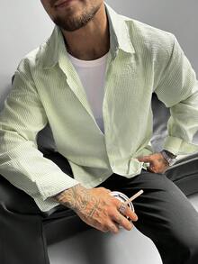 GloMan 男士紋理條紋鈕扣長袖襯衫，寬鬆休閒，適合夏季/秋季情侶穿搭，日常、工作、度假，送給父親/丈夫的禮物 - 綠色 - 查看 8