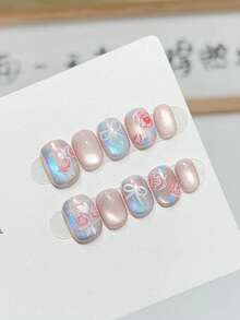 10 Stücke handgefertigte Quadrat- und Rundnägel, kurze Acryl-Aufkleb-Nägel, sanftes Rosa, glänzende Katzenaugen, handbemalte Aurora-Pulver-Schleifen, kantig elegante einfache Frühlings-Fake-Nägel, Sommer-Nägel, geeignet für Party, Alltag & Date, Strandurlaub, geeignet als DIY-Nagel-Kunstzubehör für Frauen & Mädchen als Geschenk - Verschiedenfarbig - Übersicht 2