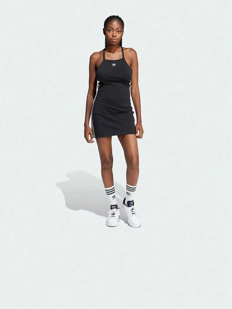 Adidas 三葉草掛脖修身洋裝丨女子露背休閒運動包臀短裙 - 黑色 - 查看 1