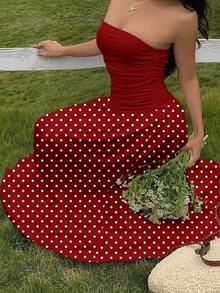 Vestido bandeau con cintura ceñida y estampado de lunares, estilo vacacional - Multicolor 3 - Ver 7