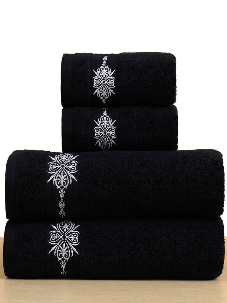 QIBHI 3/1pc 100% Cotton Terry Towel Set, 40*75cm Face Towel/70*140cm Bath Towel, European Embroidery Design, Soft Absorbent Couple Towels For Bathroom, Swimming Pool