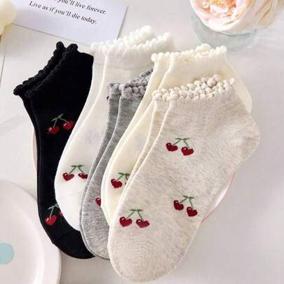 5 Pairs Women's Sweet Cute Cherry Pattern Minimalist Ankle Socks With Ruffle Trim, Breathable, Fashionable Ins Style Comfortable White Socks, Random Colors, Suitable For Summer, Autumn And Winter