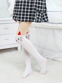 2双装女童无脚连裤袜，舞蹈裤，白色、肤色、卡其色、杏色、红色、黑色，撞色拼接，多色印花，卡通猫咪图案，字母印花，适合春夏秋冬四季穿着，可爱简约，学院风，适合日常穿着，学生/女孩适用，可搭配裙子，返校季必备 - 彩色 - 查看 3