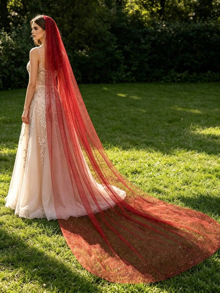 1pc Long Burgundy Bridal Veil, Shiny, Suitable For Wedding Dress, Evening Gowns, Parties