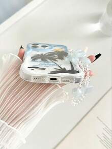 Ốp điện thoại chống rơi, chất liệu kem, viền lượn sóng, bóng bẩy, in hình cây dừa, kèm phụ kiện vòng tay đính hạt. - Nhiều màu - Xem 3