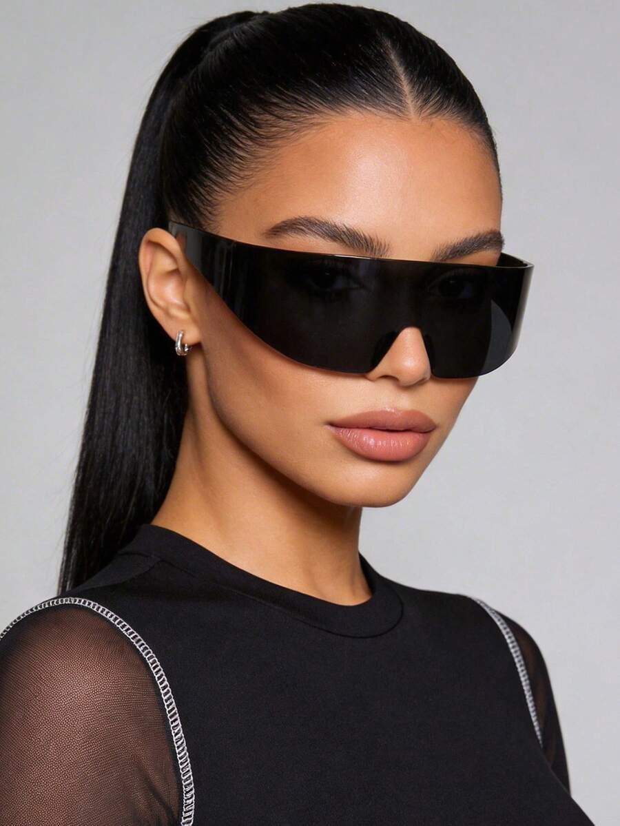 1pc Extra Large Frame Futuristic Techno Cyberpunk Style Fashion Glasses, Fashionable & Eyewear For Women - Black - View 1