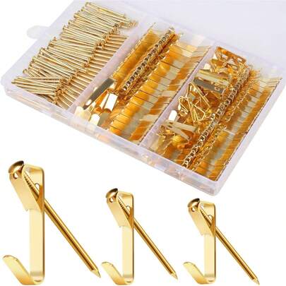 180pcs Metal Picture Hanging Kit – Gold Picture Hooks With Nails, Heavy Duty Wall Hanging Hardware For 20lb 30lb 50lb, Suitable For Drywall & Wood Wall, Complete Frame Mounting Set