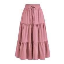 Women's High Waist Maxi Skirt Tiered Flowy Long Skirt With Drawstring Casual A Line Skirt For Daily Wear - 粉紅色 - 查看 1