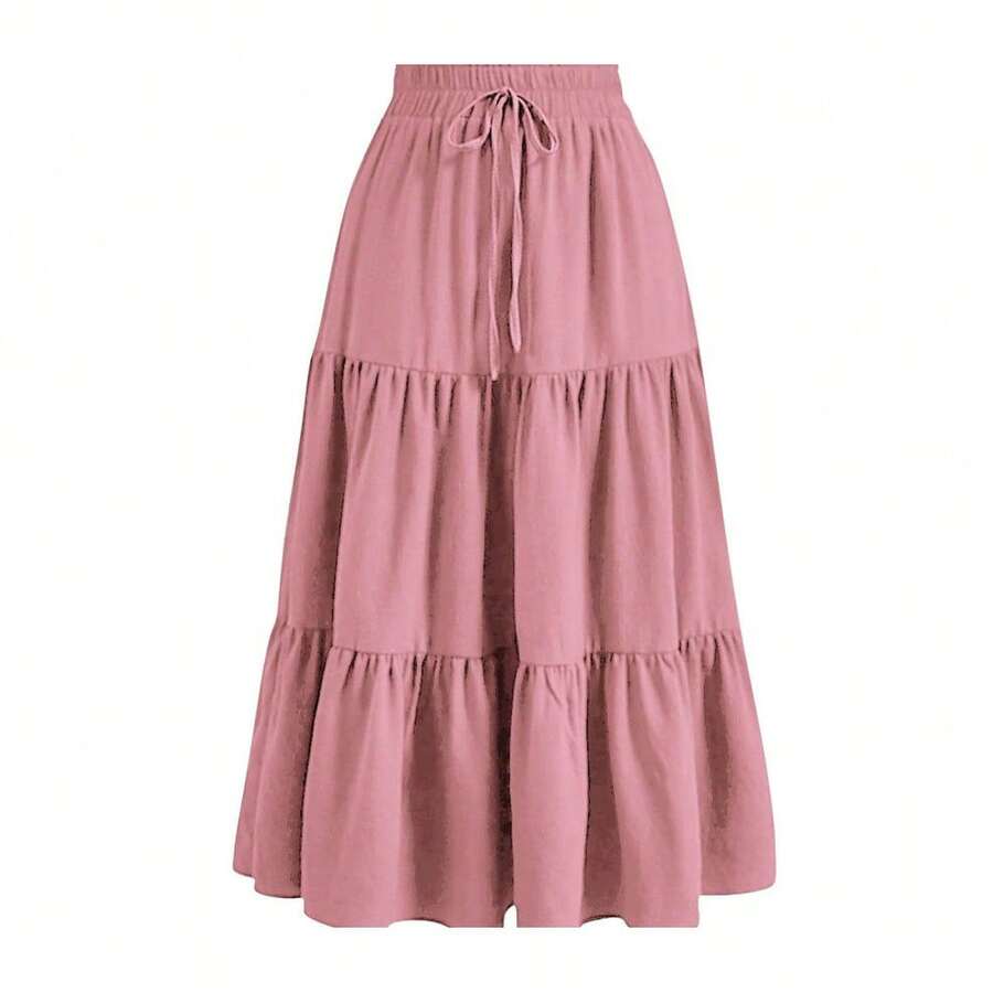 Women's High Waist Maxi Skirt Tiered Flowy Long Skirt With Drawstring Casual A Line Skirt For Daily Wear - 粉紅色 - 查看 1