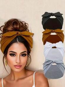 4 pièces Ensemble de bandeaux pour femmes, bandeau oreilles de lapin, accessoires capillaires de couleur unie mignons, élastiques à nœud, convient pour l'automne/hiver et les vacances - A - Voir 2