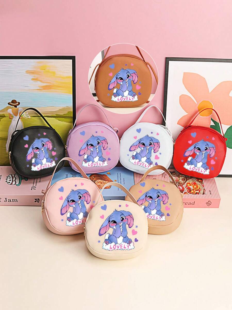 1pc Girls' Cute Fashion Mini Round Bag, Adorable Printed Faux Leather Crossbody Shoulder Bag With Rabbit, Cat, Unicorn Designs, Ideal Birthday Gift - 2221 Blue Rabbit - View 1