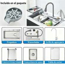 Juego de fregadero de cocina Mcmxtap de níquel cepillado, fregadero de cocina de acero inoxidable 304 de un solo compartimento con efecto cascada, grifo monomando con rociador extraíble, fregadero de cocina con tabla de cortar, cesta de drenaje, lavavasos y grifo purificador de agua (80 x 46 cm) - Níquel cepillado - Ver 4