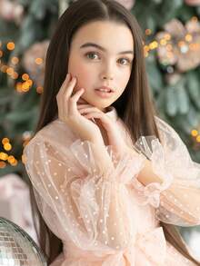 Vestito elegante da ragazza pre-adolescente per feste di Natale, con maniche in rete a pois rosa, fiocco in vita. Vestito da principessa adatto per feste di compleanno, banchetti, damigella d'onore per matrimoni, celebrazioni festive - Rosa Baby - Visualizzare 3