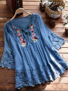 Women's Floral Embroidery Lace Blouse, Minimalist Everyday Wear Vacation - Blue - View 1