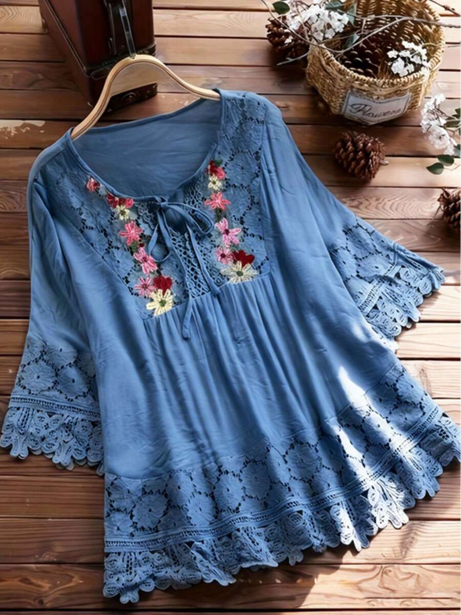 Women's Floral Embroidery Lace Blouse, Minimalist Everyday Wear Vacation - Blue - View 1