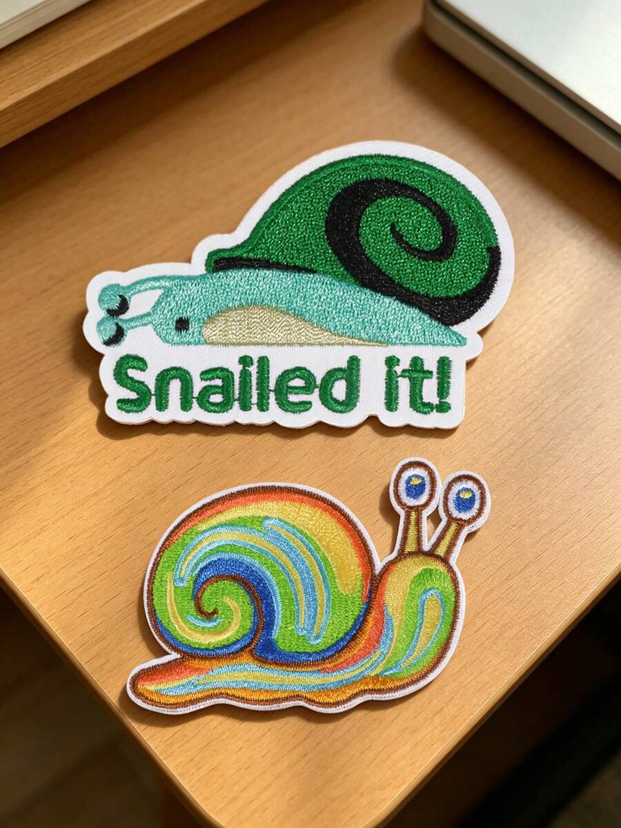 1pc Cute Snail Embroidered Iron-On Patch, Green Snail/Colorful Snail 2 Options, Easy To Iron And Sew, Suitable For Decorating Clothes, Jackets, T-Shirts, Hats And Bags, Creative Decorative Clothing Badge Patch, Cartoon Animal Embroidered Sticker - Snails - View 1
