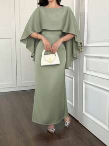 女士夏季连衣裙、度假连衣裙、优雅派对连衣裙、婚礼及聚会连衣裙，搭配迷人的斗篷式披肩和隐形拉链细节，展现精致优雅。 - 綠色 - 查看 5