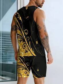 Men's Vest Top And Beach Shorts Set, Summer Beach Vacation Two-Piece Shorts, Street Casual Breathable Soft Set,  Golden Swirls And Sparkles On Black Background - style - 查看 4
