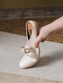 Mengshangli 方头套脚鞋，优雅休闲复古通勤珍珠金属光泽穆勒鞋，女士，适合春夏办公室派对等场合 - 杏色 - 查看 6