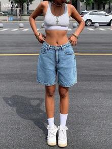 Women's Solid Color Casual Bermuda Denim Shorts, Summer - 深色洗 - 查看 9