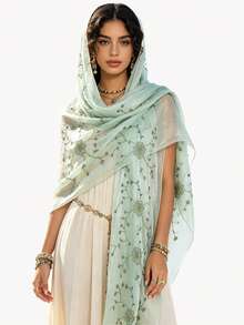 1pc High-End Starry Embroidered Shawl, Middle Eastern Muslim Headscarf, Wedding & Formal Event Accessory - Green - View 6