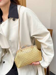 新款时尚晚礼服及手拿包套装，优雅大容量女士晚宴包，配链条肩带 - 金色 - 查看 6