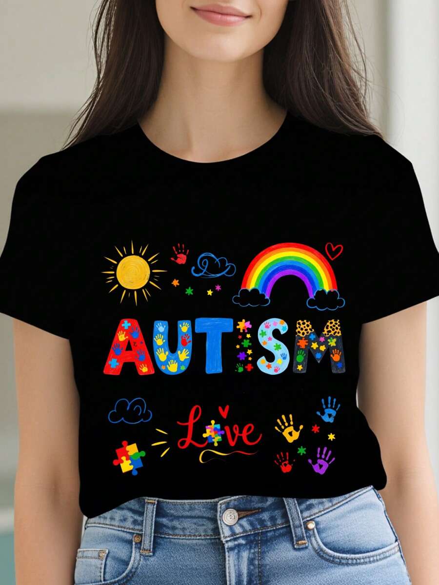 Camiseta moderna y linda para promover la aceptación y comprensión del autismo. Camiseta de mujer con estampado de dibujos animados, holgada, de manga corta, cuello redondo, elegante, unisex, de corte suelto, adecuada para salir, con estampado de estilo vintage. Cuello redondo, manga corta, lavable a máquina. Perfecta para Pascua y el Día de la Madre. - Negro - Ver 1
