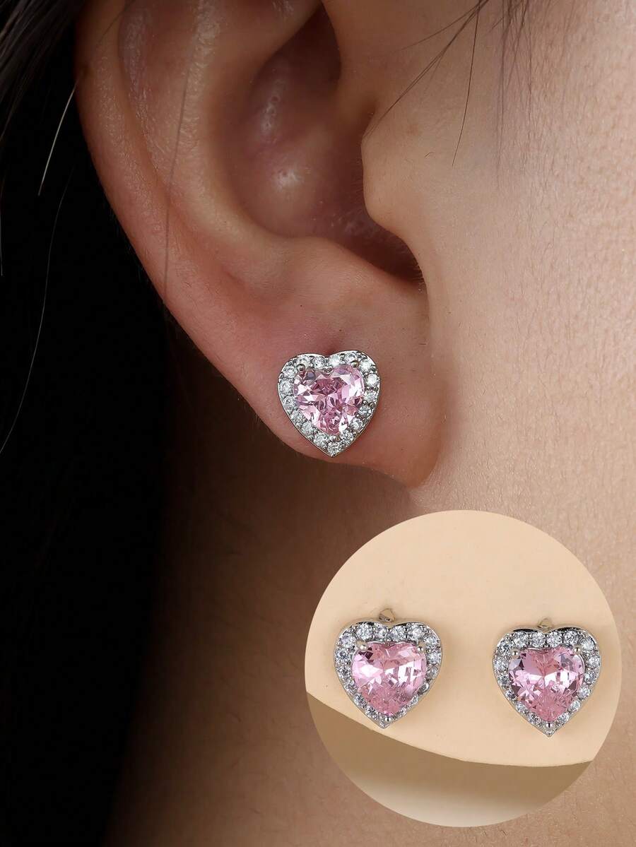 一对奢华简约时尚甜美心形锆石耳钉，优雅别致的小众设计，百搭的办公佩戴耳环 - 耳環 - 查看 1