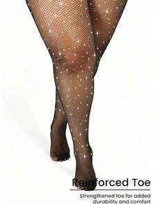 2pcs Plus Size Women's Rhinestone Embellished Fishnet Tights, Shiny Skinny Leggings For Clubwear, Gothic Fashion, Versatile For All Seasons - Multicolor - View 3