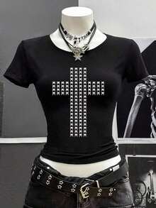 Retro Punk Style Lettered Short-Sleeved T-Shirt, Y2K Gothic Style Top, Street Hip-Hop Top, 90s Women's Fashion Emo Shirt Goth Shirt - 黑色2 - 查看 7