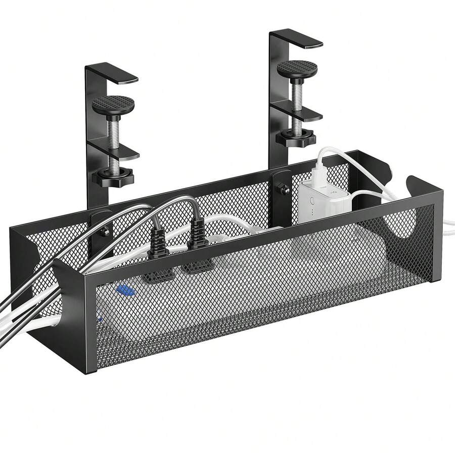No-Drill Desk Cable Management Tray, Metal Grid Desk Undersurface Cable Organizer With Clips, 2-Hole Cable Tray With Cable Management And Cable Organizer, Suitable For Home Office Standing Desk - Multicolor - View 1