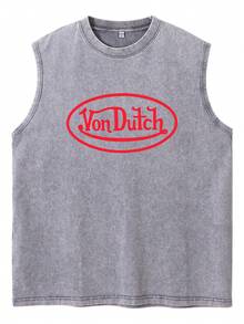 Brand Vonn Dutch Pure Cotton Washed Vest And Shorts Set Vonn Dutch Print Thick Comfortable High Quality Retro Distressed Style Perfect For Daily Outfits Outdoor Activities Fitness Travel Resistant To Dirt Easy To Clean Easy To Put On And Take Off Fashionable Versatile Ideal Gift For Relatives Friends And Yourself High End Texture - 灰色 - 查看 3
