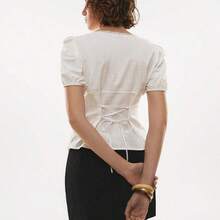 Women's Solid Color Knotted Casual Versatile Daily Wear Short Sleeve Shirt,Summer Top - Café integral - Ver 10