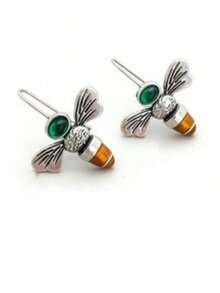 1 Pair Retro Bohemian Style Yellow Green Bee Design Earrings, Suitable For Women's Daily, Party, Travel Jewelry Gift - 銀色 - 查看 3