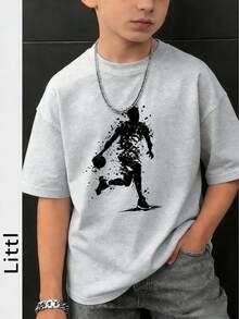 Boys' Casual Basketball Player Graphic Round Neck Short Sleeve T-Shirt, Children's Ink Painting Pattern Print Short Sleeve Top - Light Grey - View 2