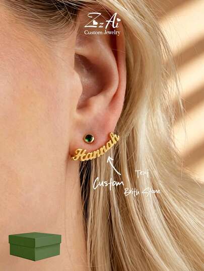 Conjunto de pendientes de clip y colgante personalizados con nombre, diseñado por Caitlyn, de estilo minimalista con piedra natal, regalo de cumpleaños (2 piezas)
