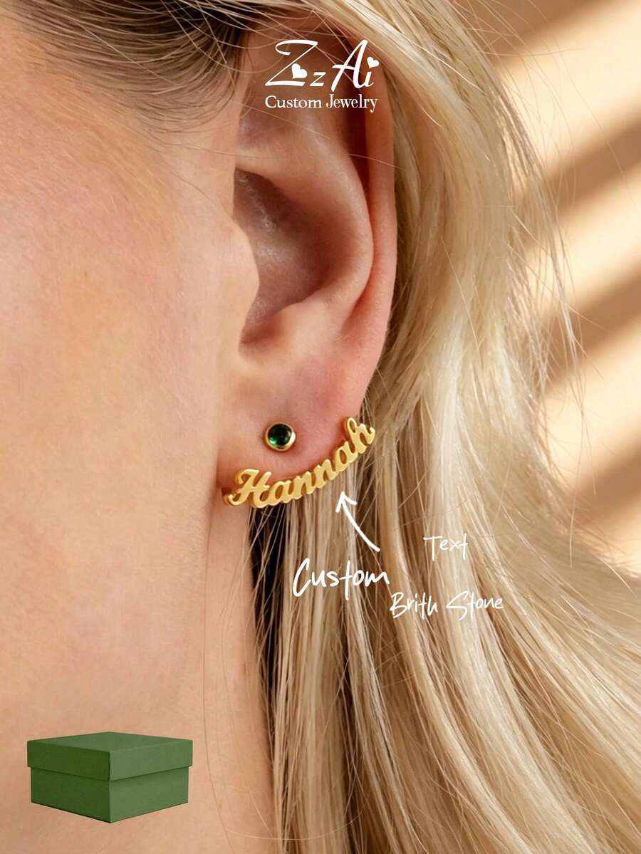 2pcs Customized Name Clip-On Earrings & Pendant Set Designed By Caitlyn, Minimalist Style With Birthstone, Birthday Gift - Gold - View 1
