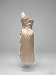 Robe moulante sans manches plissée pour femme, robe de soirée/mariage - Champagne - Voir 5