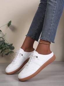 Sepatu Sneakers Wanita Putih PU Model Half-Slip-On untuk Komuter dengan Dekorasi Garis Kontras, Sepatu Kasual Bergaya Retro - Putih - View 3