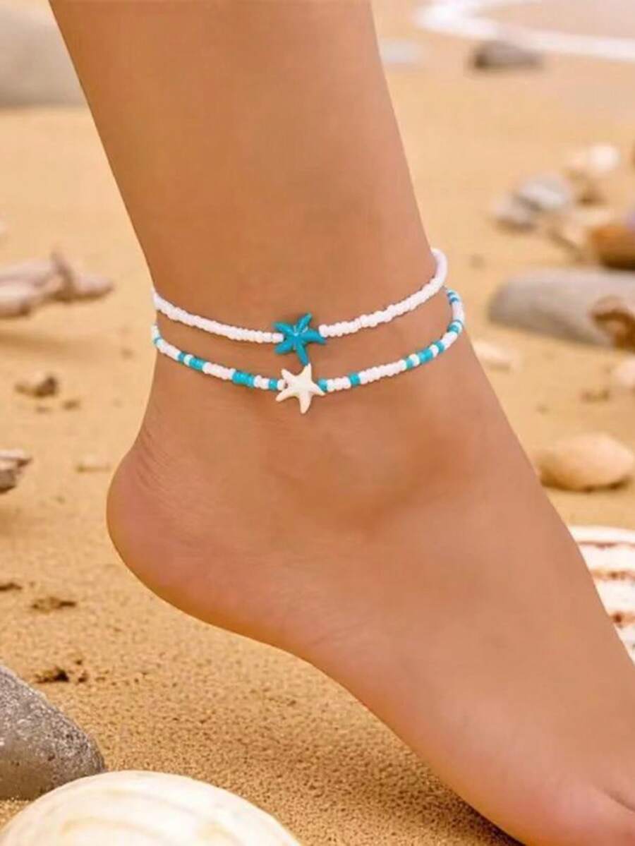Bộ 2 vòng chân bằng dây sáp dệt kiểu Bohemian dành cho nữ, vòng chân dây co giãn điều chỉnh được làm thủ công kiểu Boho, trang sức chân phong cách biển phù hợp cho kỳ nghỉ và đeo hàng ngày. - Bộ vòng chân mặt dây chuyền hình sao biển - Xem 1
