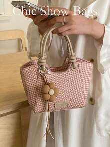 Vintage Houndstooth Mini Tote Bag With Flower Charm, Casual Handbag For Women - Pink - View 11