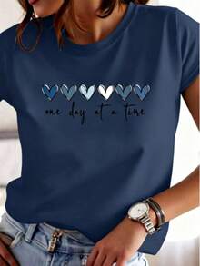 Simple Straight Tee Six Gradient Blue Grey Hearts Gentle Handwritten Text Print, Silky Skin Friendly Top For Relaxed Daily Wear - 藏蓝色 - 查看 17