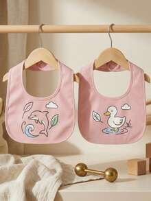 2pcs/Set Cute Baby Bibs, Waterproof & Soft Dolphin & Duck Pattern Feeding Bibs With Adjustable Snap Closure - Dolphin & Duck - View 7