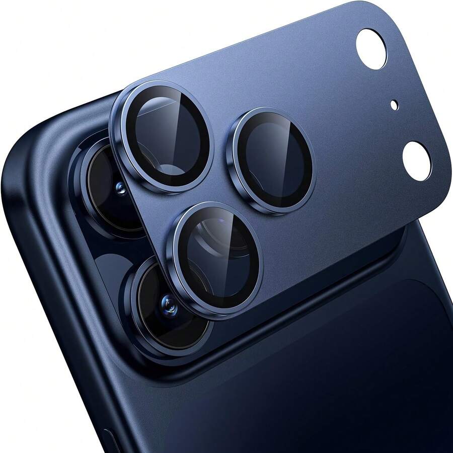 BOLLYMORE Película protectora de lente de cámara de vidrio templado de metal de color azul sólido compatible con iPhone 17 Pro Max/17 Pro, anti-arañazos, adhesivo fuerte, compatible con funda de teléfono, protector de pantalla de cámara trasera de vidrio templado de metal, regalo del Día de la Madre, regalo de cumpleaños - Azul - Ver 1