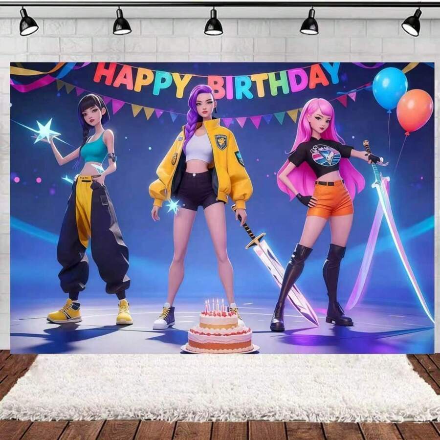 Hasbro 一套K-POP偶像主题派对装饰，女巫猎人主题生日派对装饰，K-POP旗帜蛋糕装饰，K-POP女团生日庆祝派对装饰，摄影背景，节日装饰道具，适用于粉丝见面会、生日派对和其他场合，打造独特而欢乐的装饰。 - 彩色 - 查看 1