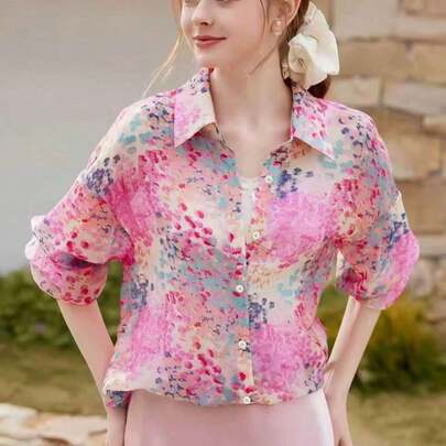 Women's Digital Print Casual Long Sleeve Shirt, Spring/Summer Vacation