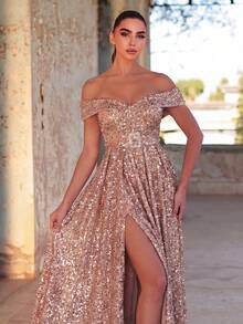 Faeriesty 露肩开衩亮片扣腰带连衣裙 - 香檳色 - 查看 5