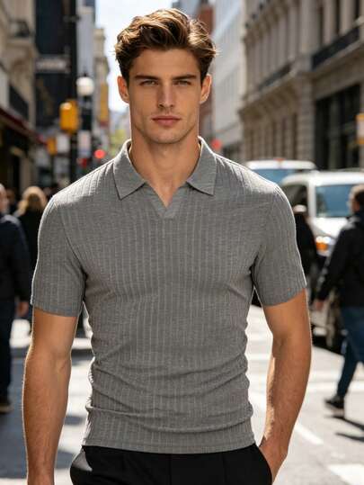 2026 Primavera, Verano, Otoño Nueva camisa de manga corta a rayas para hombre con cuello vuelto, casual, versátil, transpirable, cómoda, de moda, para vacaciones y citas, de tela jacquard