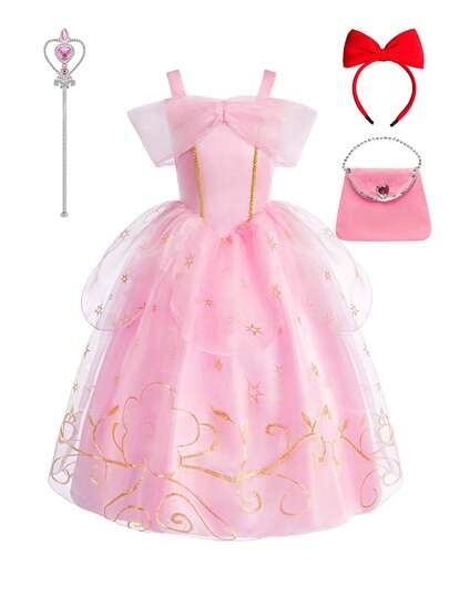 4pcs/Set Girls Pink Floral Pattern Sleeveless Dress, Headband, Magic Wand, Handbag Costume Set, Children Role Play Dress Up Outfit For Christmas Carnival Party