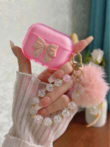 Bow-Knot Shiny Pink Earphone Case With Rhinestones, Bowknot, Icy Flower And Fuzzy Ball Pendant Earphone Chain - Pink - View 12